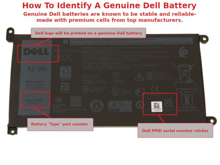 For Dell Genuine Chromebook 11 (3180 / 3181 / 3189 / 3400) 42Wh 3-cell Laptop Battery - Long Cable - 51KD7 - Image 2