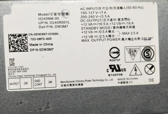 Original DW3M7 0DW3M7 CN-0DW3M7 240W For Dell Inspiron 3668 Power Supply H240NM-00 6+4pin - Image 2