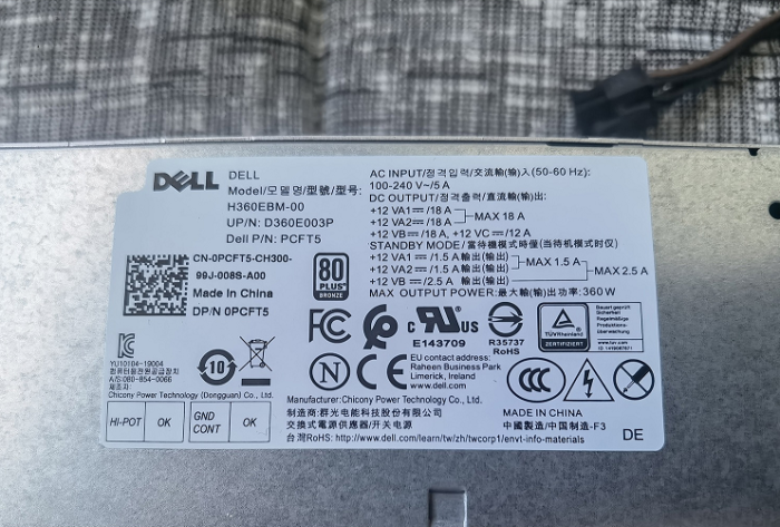 Original PCFT5 0PCFT5 360W Power Supply For Dell G5 5090 XPS 8940 Optiplex 7080 H360EBM-00 - Image 2