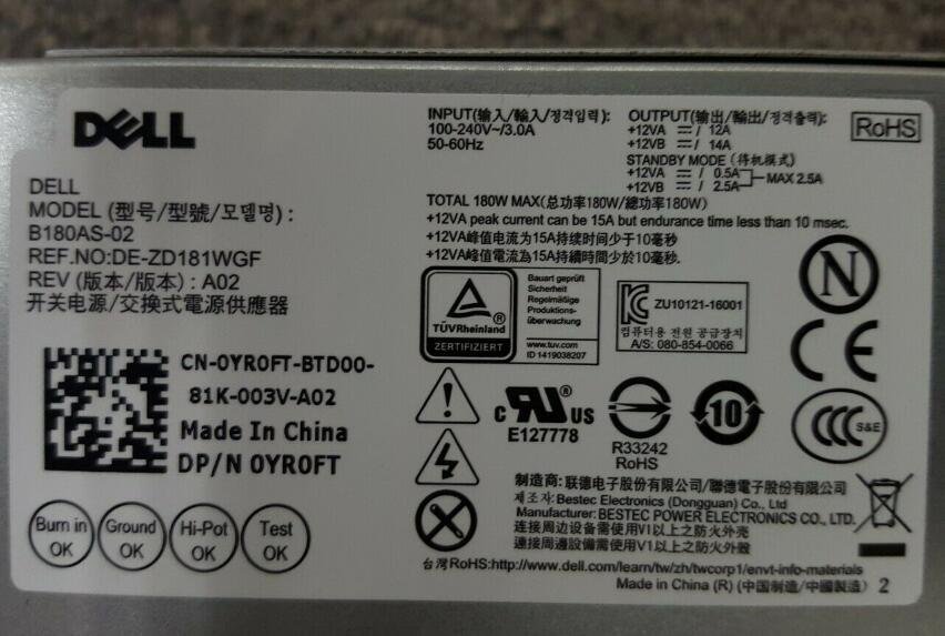 Original YR0FT - 180W For Dell Optiplex 3050 5050 7050 SFF MT Power Supply - Image 2